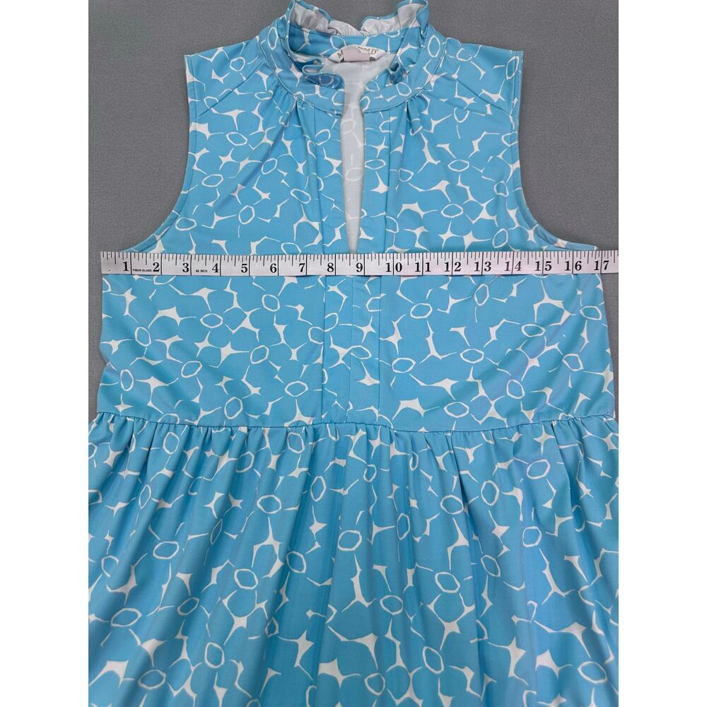 Mahi Gold Blue & White Geometric Tiered Dress Sleeveless Ruffle Neck Size Small - Picture 6 of 8